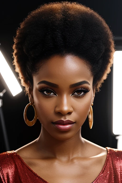 photo de femme sexy, (Femme africaine, Les cheveux mauves, Athletic body, taille de poitrine moyenne, yeux marrons, Skin beauty: 1.3), sourire, (chef-d'artwork, best quality, intricate details, very detailed:1.2), photo of a mature woman, (peau sombre: 1.5), in the plane, classy clothes, clivage, sagging breast, Taille fine, look at the camera, Bokeh