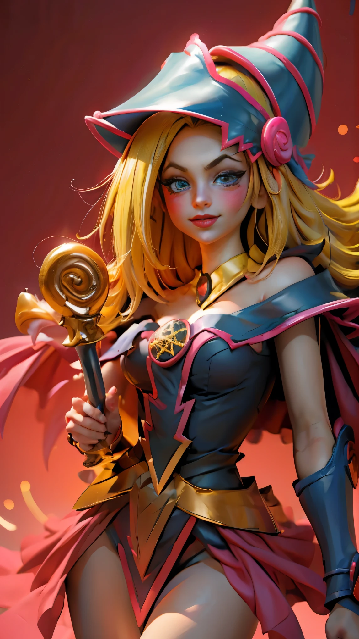 Dark magician gils coming out of a playing card. Half body shot. She comes out from the center of the queen of hearts card.. long blonde hair. blue eyes. red lips. Big eyelashes. Blush on the cheek. Stand up. smile. Playing card background.