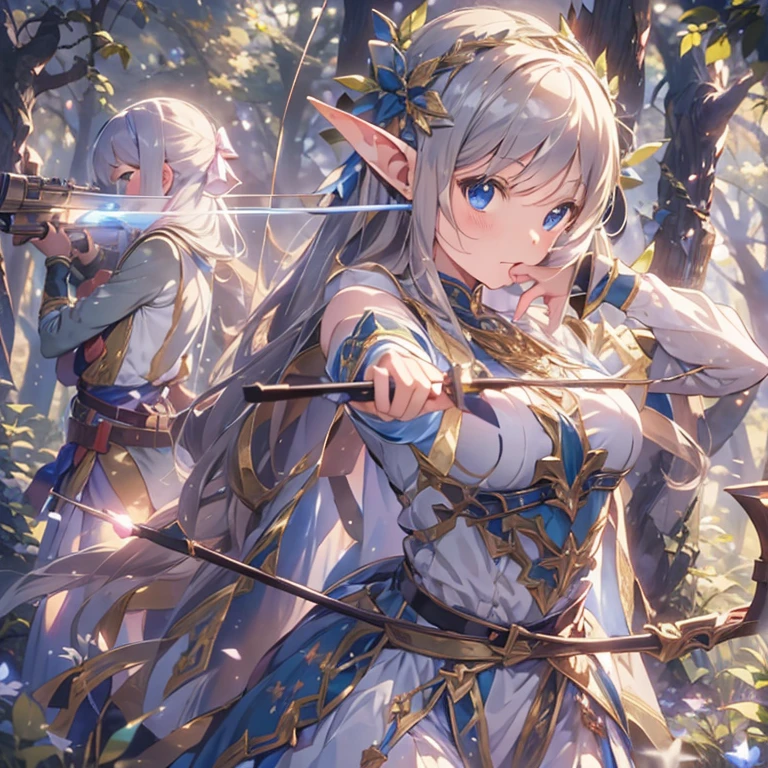 (masterpiece:1.2),(anime),(Medieval Background),(Elf Sisters)、((Preparing the bow)),((Shooting a bow))、Rogue Outfit、(Shooter)、In the woods、((Fantasy)),Fantasy、cute、Light effects