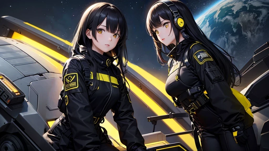from future intelligence、background technology、complex mission, unexpected idea, result sudden, confident look、space black pioneer dress、yellow eyes、black hair
