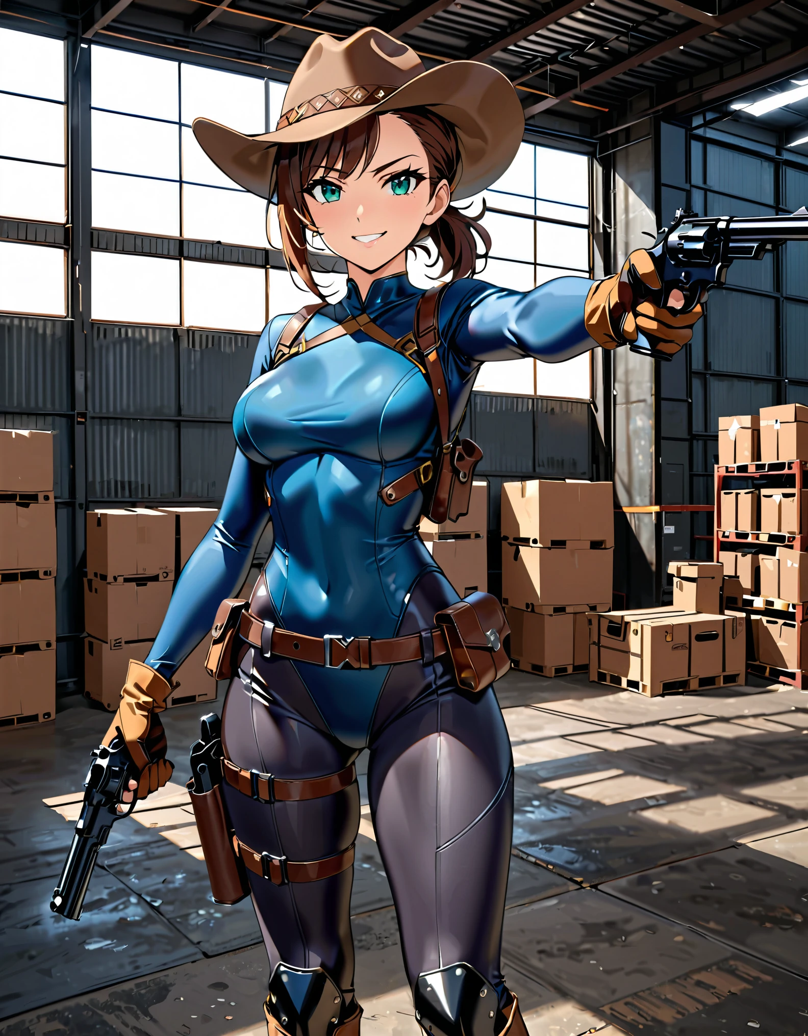 masterpiece, best quality, 8k, 1lady, solo, solo focus, (tall body), hispanic, brown hair, short hair, ponytail, blue-green eyes, medium breasts, beautiful detailed eyes, beautiful detailed face, smirk, ((brown cowboy hat)), (bodysuit, (solid blue bodysuit, leotard, dark blue leotard, skin-tight dark grey leggings), perfect fit), long sleeves, (gloves, dark blue gloves, matching gloves, boots, combat boots, dark blue boots, matching boots), (tight belt:1.1, pouches, drop-down pistol holster, knee pads), ((pointing pistol at the viewer, revolver)), full body, cowboy shot, empty warehouse, danger atmosphere.