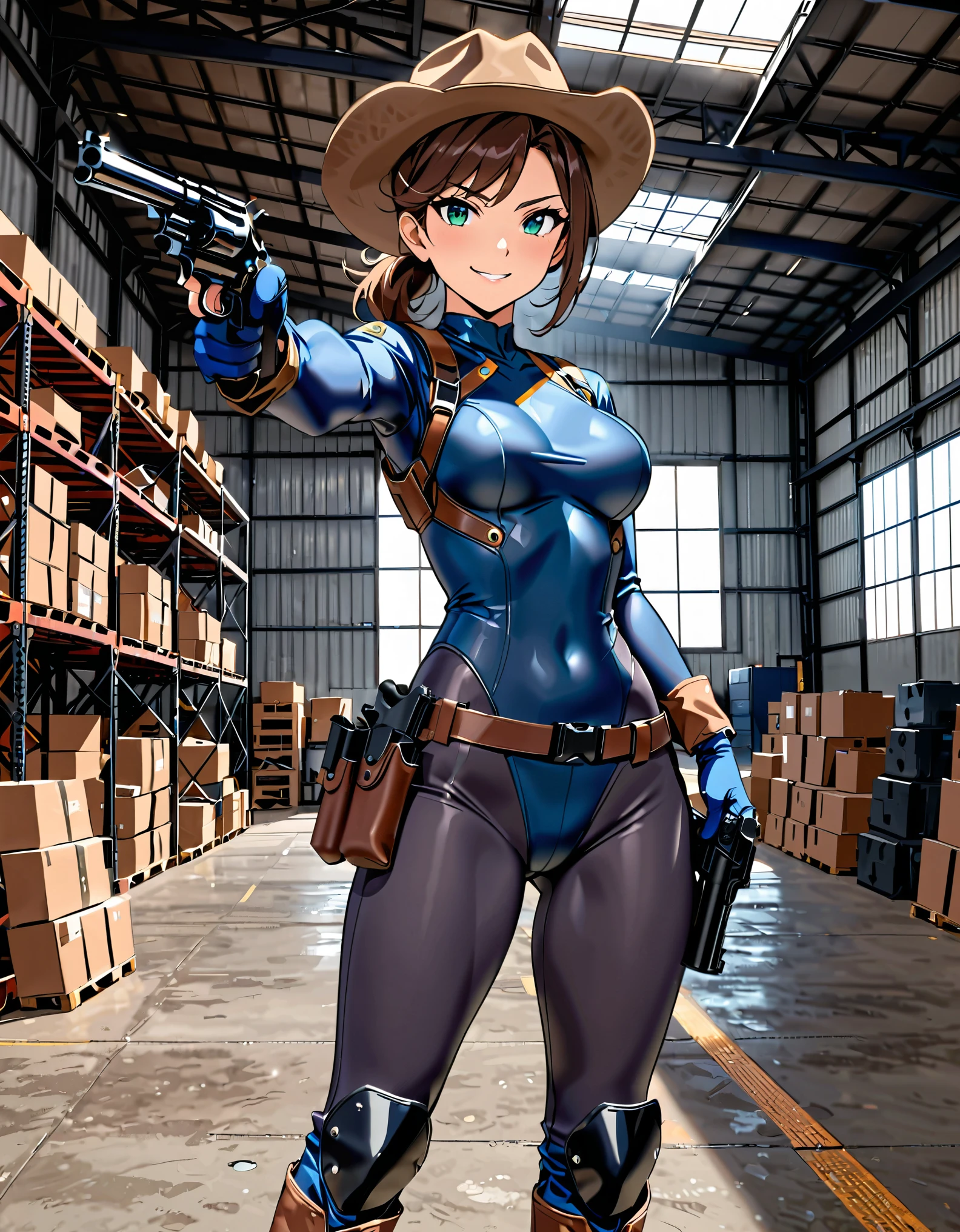 masterpiece, best quality, 8k, 1lady, solo, solo focus, (tall body), hispanic, brown hair, short hair, ponytail, blue-green eyes, medium breasts, beautiful detailed eyes, beautiful detailed face, smirk, ((brown cowboy hat)), (bodysuit, (solid blue bodysuit, leotard, dark blue leotard, skin-tight dark grey leggings), perfect fit), long sleeves, (gloves, dark blue gloves, matching gloves, boots, combat boots, dark blue boots, matching boots), (tight belt:1.1, pouches, drop-down pistol holster, knee pads), ((pointing pistol at the viewer, revolver)), full body, cowboy shot, empty warehouse, danger atmosphere.