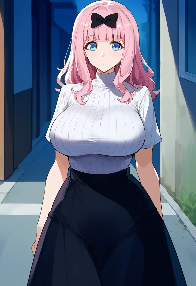 score_9, score_6_up, source_anime, 1girl, Alone, , cowboy shot, chika, blue eyes, pink hair, hair bow, black bow,, huge breasts 、High neck short sleeve grey ribbed T-shirt、High waisted black long skirt、Are standing、