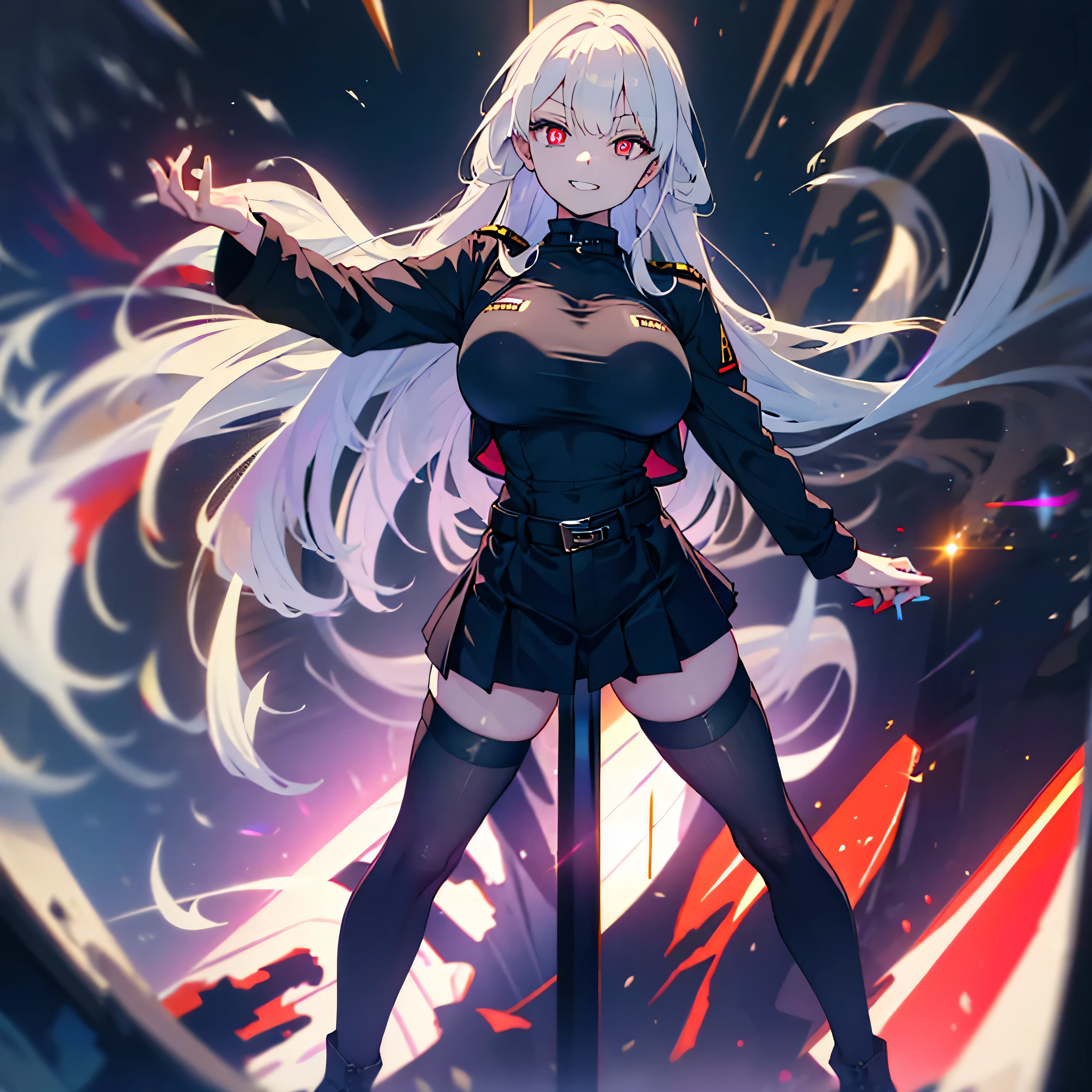 (solo), (1 tall girl standing), dynamic pose, swaying back, grin, BREAK, (shiny long white hair), glowing scarlet eyes, white skin, BREAK, (very short torso:1.2), (disproportionately huge breasts:1.2), (long breasts), narrow waist, (very long skinny legs:1.2), (slim skinny thighs:1.2), BREAK, bursting breasts, belt cinches waist too tight, (pleated very short skirt), thigh gap, (inky-black thighhighs:1.2), military boots