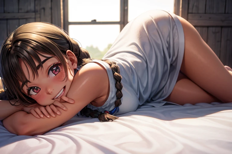 (8k, raw photo, masterpiece, extremely detailed, best quality, professional lighting, high res), arms down, resting on rustic bedroom, comfy bed, beautiful and adorable girl, honma himawari, brown hair, braids, tanned skin, white dress, (energetic girl), big smile, BREAK high school, summer, BREAK thighs, (close up thighs), view from below,