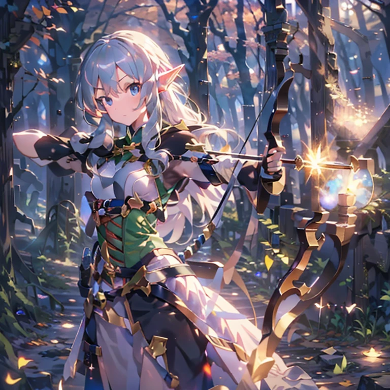 (masterpiece:1.2),(anime),(Medieval Background),(Elf Sisters)、((Preparing the bow)),((Shooting a bow))、Rogue Outfit、(Shooter)、In the woods、((Fantasy)),Fantasy、cute、Light effects