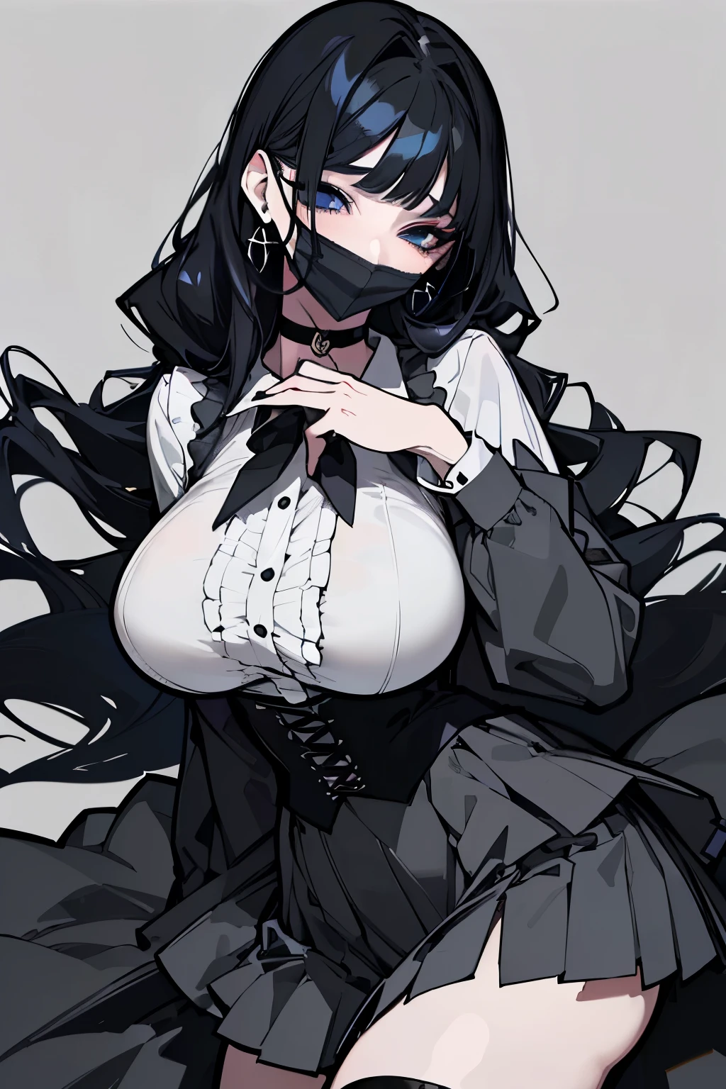 (Best Quality、masterpiece:1.2,Mature Woman) ((Black Shirt、mini skirt、black mouth mask, Hide half of the face)),Garter belt, Fishnet stockings、choker blue eyes, Black Hair, Long Hair, Trimmed bangs、(Heavy makeup、Eyeshadow、Lots of earrings) ((Savage look、A fearless smile)),,((Large breasts visible through clothes、Voluptuous body)) 