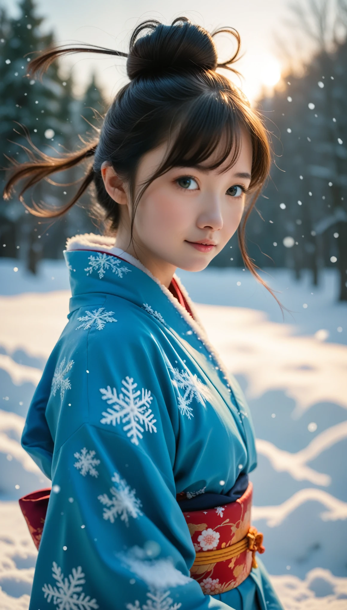 (kimono)、Japanese, (masterpiece:1.3,Super A high resolution,),(Super detailed,Caustics),(Photorealistic:1.4,RAW shooting,)Ultra-Realistic Capture,Very detailed,High definition 16K for human skin、 Natural skin texture、、Skin looks even and healthy、 Uses natural light and colors,One Woman,Japanese,,cute,Black Hair,Mid-length hair,(Written boundary depth、chromatic aberration、、Wide lighting range、Natural Shading、)、、(Snow is falling:1.3)、(Hair swaying in the wind:1.3)、(Snow reflects light:1.3)