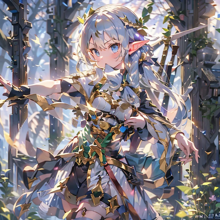 (masterpiece:1.2),(anime),(Medieval Background),(Elf Sisters)、((Preparing the bow)),((Shooting a bow))、Rogue Outfit、(Shooter)、In the woods、((Fantasy)),Fantasy、cute、Light effects