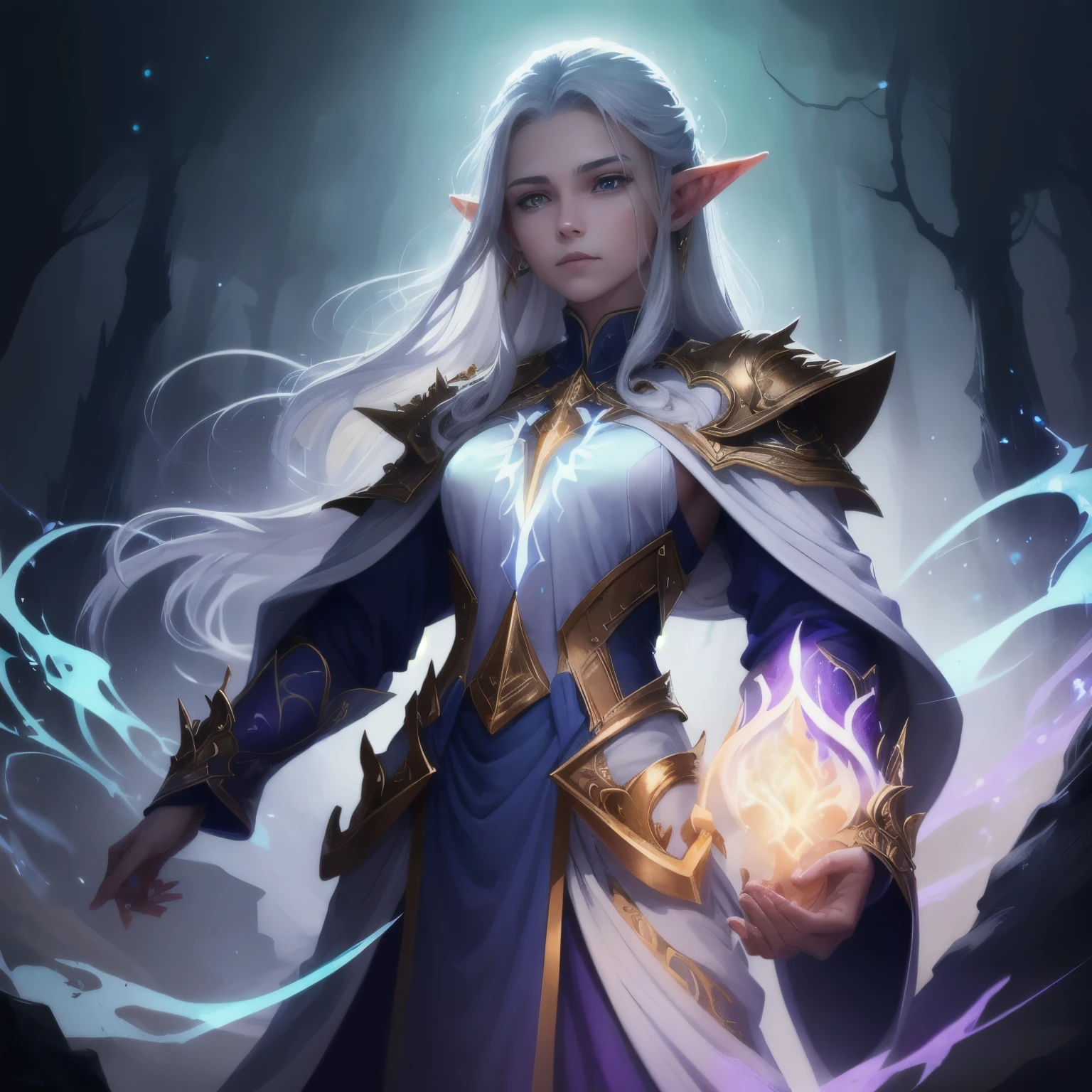 Digital fantasy artwork featuring a mystical character. The subject is an elderly figure with long, flowing white hair and pointed ears, suggesting an elven or magical being. The skin is a deep blue, adding to the ethereal quality. The character is adorned in intricately designed robes with gold and purple patterns, exuding a regal and ancient aura. They hold a glowing blue flame in their hand, which emits a soft, mystical light that illuminates their face and surroundings. The background is dark, enhancing the contrast and focus on the character. The overall composition is dramatic and atmospheric, with a focus on the interplay of light and shadow.