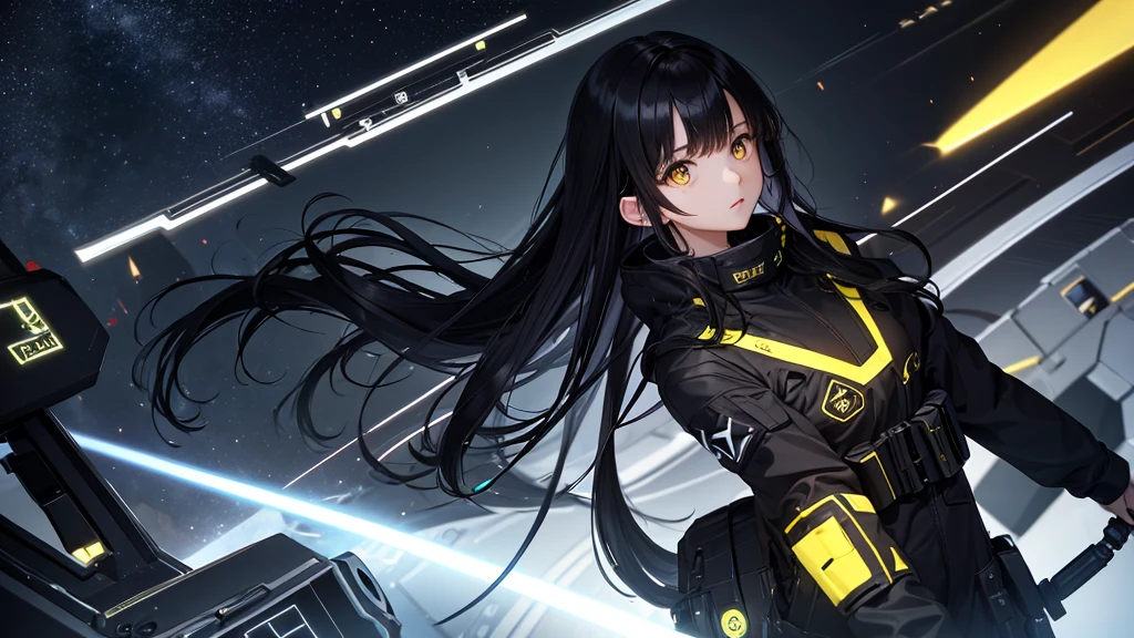 from future intelligence、background technology、complex mission, unexpected idea, result sudden, confident look、space black pioneer dress、yellow eyes、black hair