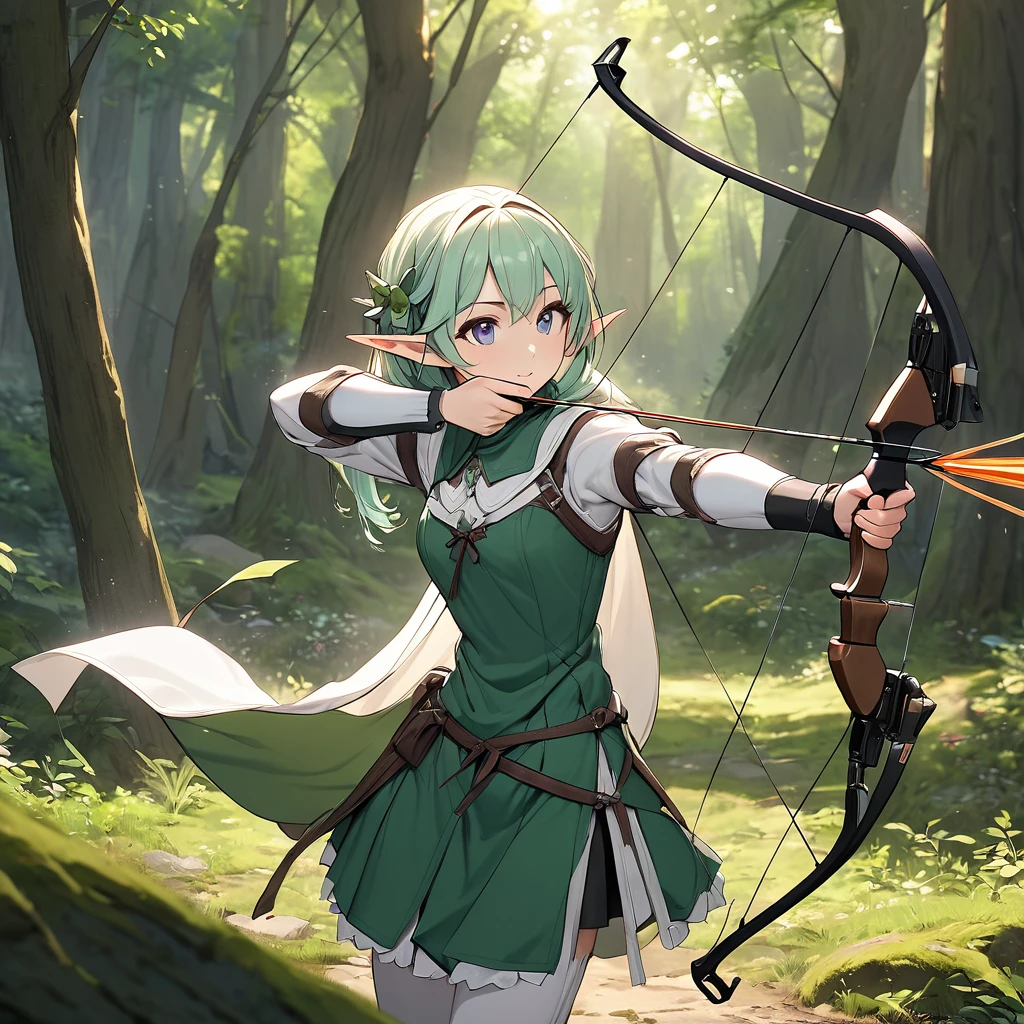 (masterpiece:1.2),(anime),(Medieval Background),(Elf Sisters)、((Preparing the bow)),((Shooting a bow))、Rogue Outfit、(Shooter)、In the woods、((Fantasy)),Fantasy、cute、Light effects,Bow in left hand,Arrow in right hand,Drawing a bow,