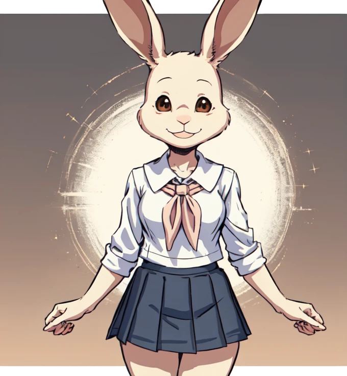 Haru, Rabbit Girl, White fur, Brown eyes,child, School Uniform, mini skirt,Anthro,The background is school, Alone,View your viewers,smile