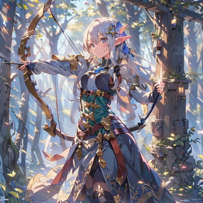 (masterpiece:1.2),(anime),(Medieval Background),(Elf Sisters)、((Preparing the bow)),((Shooting a bow))、Rogue Outfit、(Shooter)、In the woods、((Fantasy)),Fantasy、cute、Light effects,Bow in left hand,Arrow in right hand,Drawing a bow,