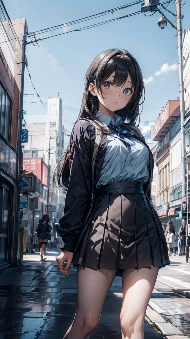 in 8K、top-quality、masterpiece、ultra-detailliert、Ultra-high resolution、((1 persons))、girl with、校服、Braided hair、makeups、plaid skirts、heavy wind、((((Flip the skirt))))、(((panties on)))、View of the city