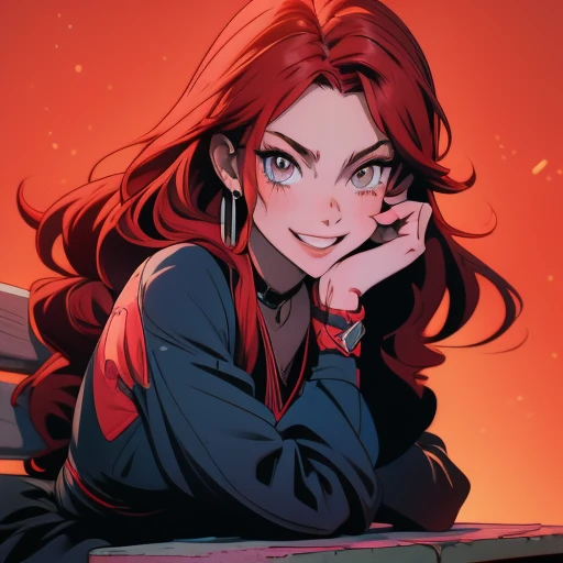 Arafed woman with red hair and piercings sitting on a bench, 4k anime style, [[[[grinning evily]]], anime badass 8 k, evil smile, crazy smile, anime wallpaper 4k, anime wallpaper 4k, anime art wallpaper 4k, anime art wallpaper 4k, detailed digital anime art, grinning lasciviously