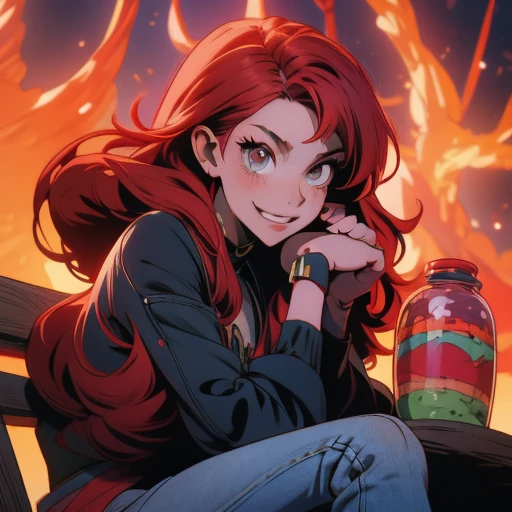 Arafed woman with red hair and piercings sitting on a bench, 4k anime style, [[[[grinning evily]]], anime badass 8 k, evil smile, crazy smile, anime wallpaper 4k, anime wallpaper 4k, anime art wallpaper 4k, anime art wallpaper 4k, detailed digital anime art, grinning lasciviously