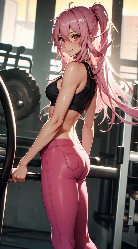 Demo girl, pink skinny pants, Tight gym bra, sweating,drops of sweat , smile lightly, (cleavage:0.7),long pink hair,wet hair,yellow, (from the side:0.677),thick legs, Standing, arms behind the back,