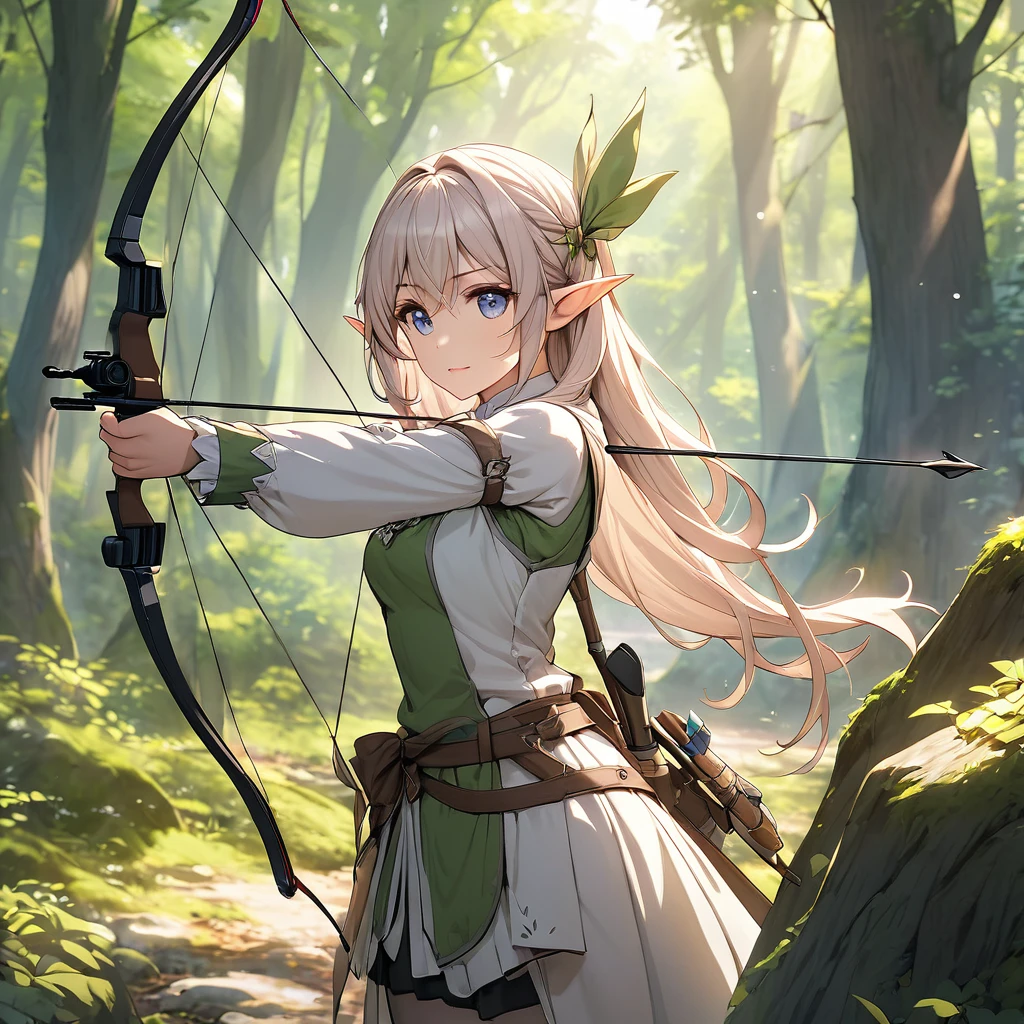 (masterpiece:1.2),(anime),(Medieval Background),(Elf Sisters)、((Preparing the bow)),((Shooting a bow))、Rogue Outfit、(Shooter)、In the woods、((Fantasy)),Fantasy、cute、Light effects,Bow in left hand,Arrow in right hand,Drawing a bow,