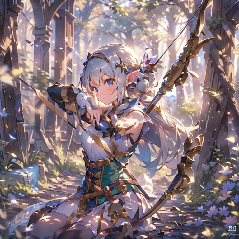 (masterpiece:1.2),(anime),(Medieval Background),(Elf Sisters)、((Preparing the bow)),((Shooting a bow))、Rogue Outfit、(Shooter)、In the woods、((Fantasy)),Fantasy、cute、Light effects,Bow in left hand,Arrow in right hand,Drawing a bow,