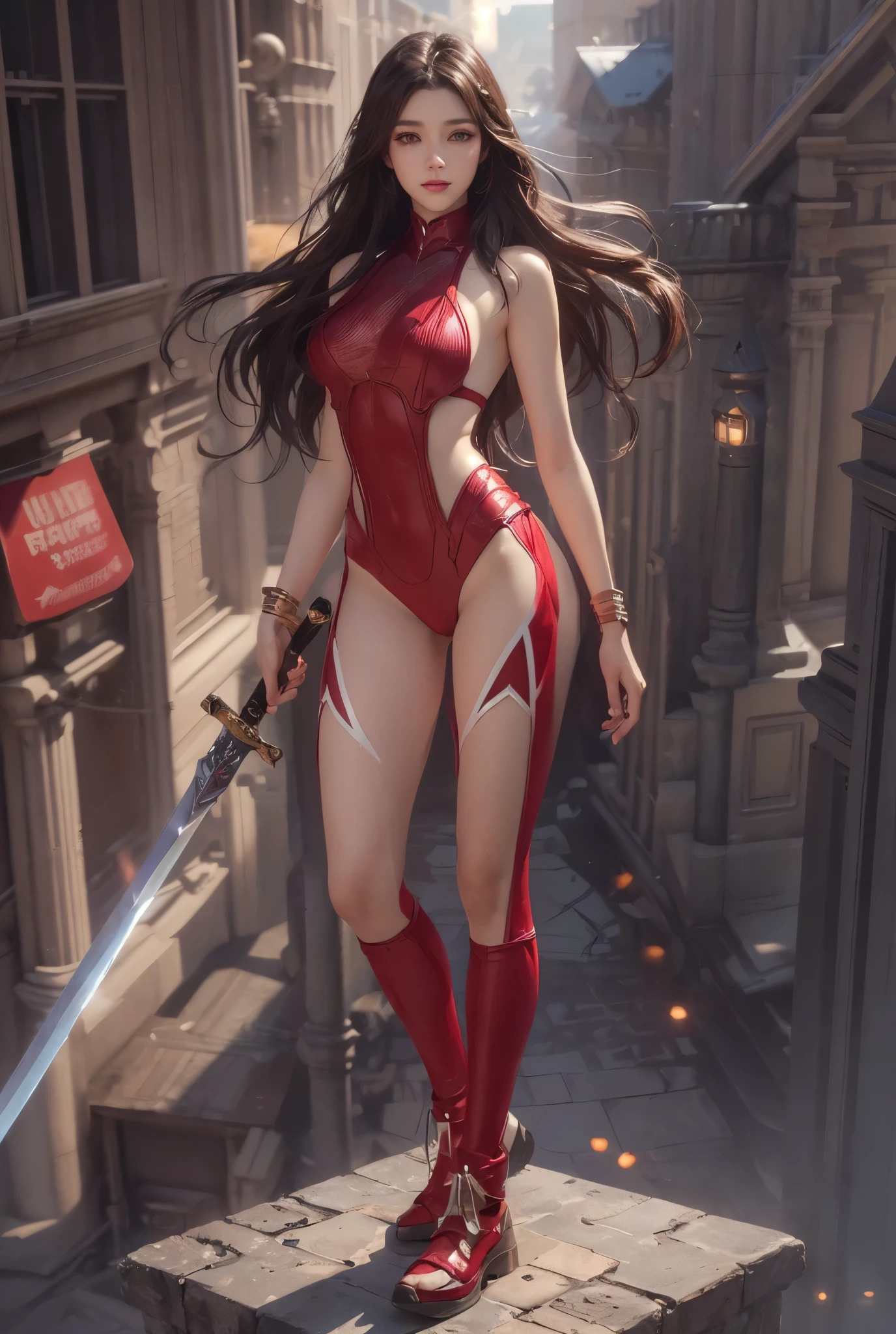 ((( melhor qualidade ))), ((( obra prima ))), ((( Absurdo ))), ((( corpo inteiro))), half-muscled woman and beautiful warrior Barbara, roupa totalmente vermelha escuro com metal dourado, Conan or barbarian style, estilo Simon Bisley para uma capa da revista em quadrinho, (( Tiny worn thong made of red leather )), (((couro fosco))), (( seios grandes semi cobertos por couro rasgado vermelho )), decote generoso, ornaments on the neck and breasts with tips, fantastical setting, ((( corpo inteiro ))), ((( cabelo curto colorido ))), (((corpo inteiro))), metallic tattoos covering the arms, lua de sangue no fundo