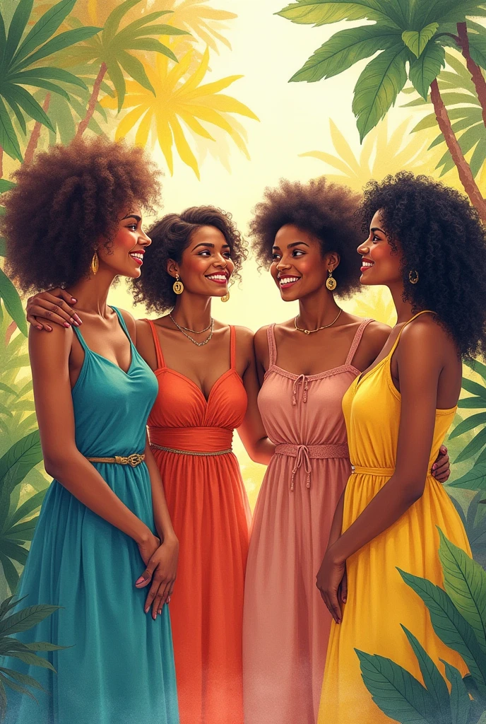 Three dark-skinned women with curly hair holding hands