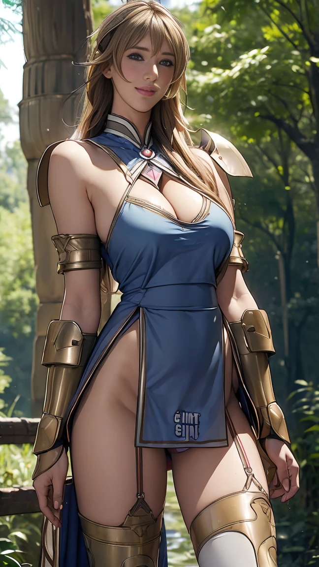 Browsing Caution,Functional, Long blonde hair, Thick thighs, 8k, 4K, Please redeem, (High resolution:1.6), Cute anime face, Noise Reduction, (Sparkling Blue Eyes, A kind smile:1.3, Kind eyes:1.3)、Toned Abs, Muscular arms, Muscular legs,  Young Face, Anime Eyes, Sophitia Alexandra、(Left Arm Shield:1.5)、(SFW Giant:1.9)、(Beautiful Nose:1.5)、[[[Long tights、Knee-high boots、(Garter belt:1.5)、Beautiful Hands、Beautiful fingers、(High cut thong:1.5),In the woods、