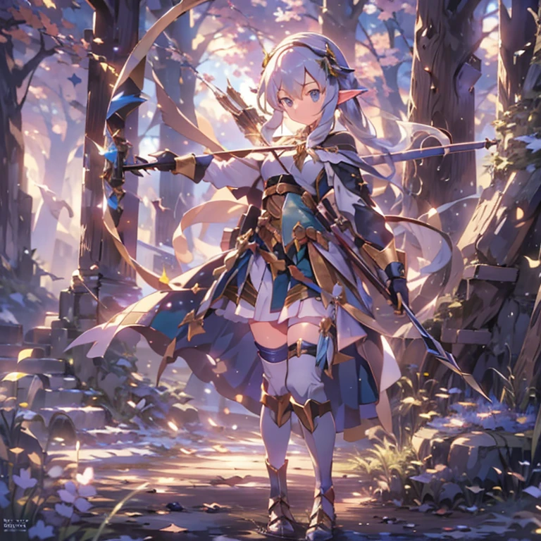 (masterpiece:1.2),(anime),(Medieval Background),(Elf Sisters)、((Preparing the bow)),((Shooting a bow))、Rogue Outfit、(Shooter)、In the woods、((Fantasy)),Fantasy、cute、Light effects,Bow in left hand,Arrow in right hand,Drawing a bow,He has a quiver on his waist