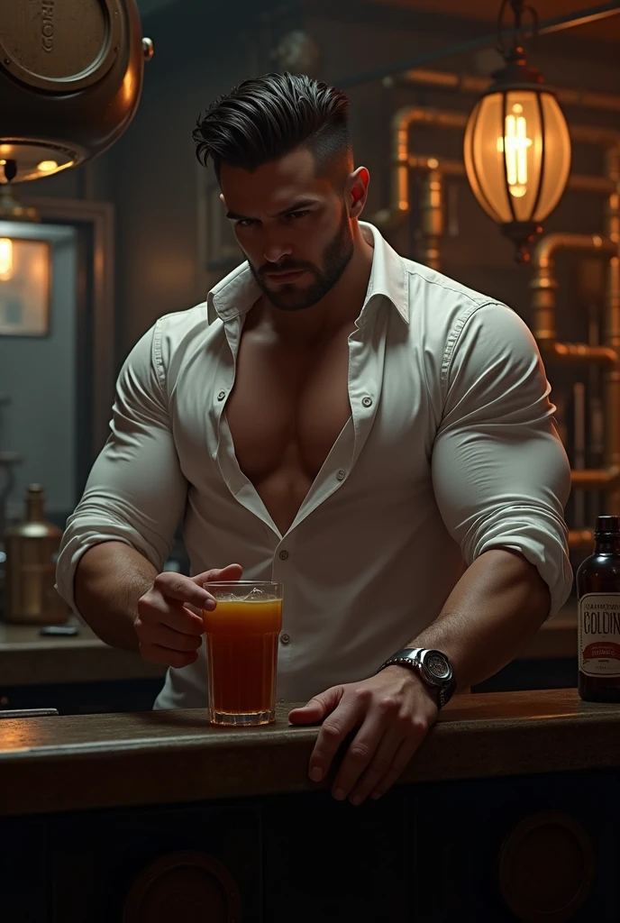 captivating, muscular British man in a tight white jockstrap, confidently sitting on a bar stool, amidst the bustling crowded ambiance of a sophisticated cocktail bar