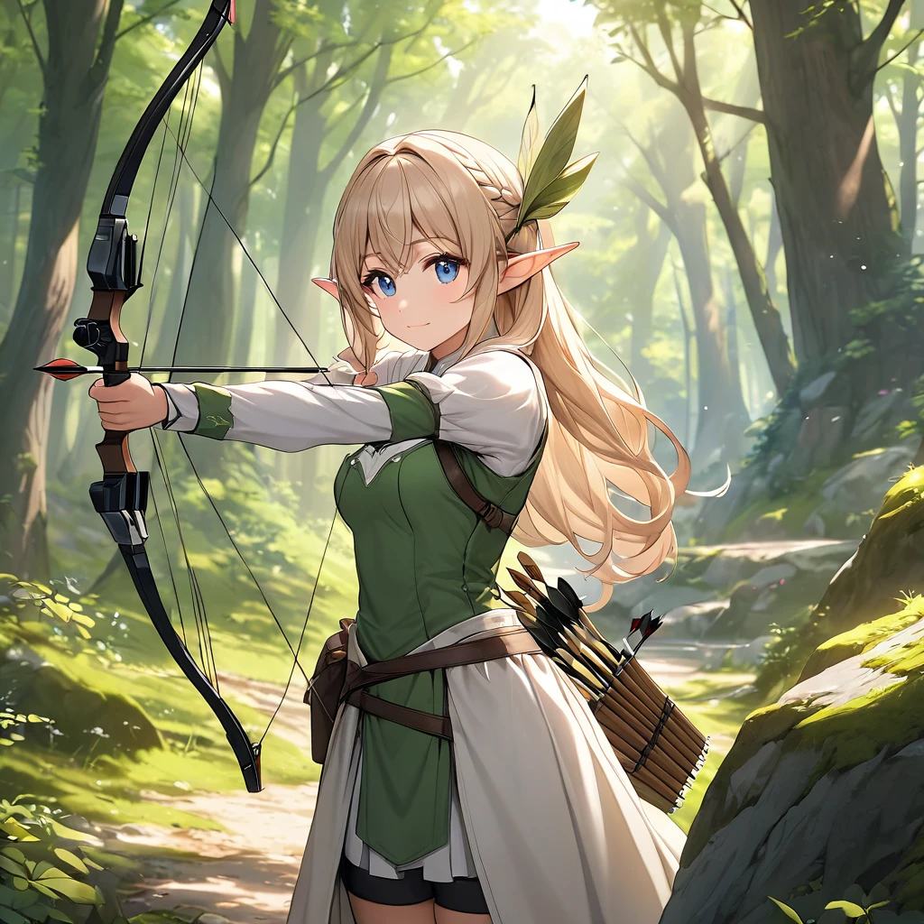 (masterpiece:1.2),(anime),(Medieval Background),(Elf Sisters)、((Preparing the bow)),((Shooting a bow))、Rogue Outfit、(Shooter)、In the woods、((Fantasy)),Fantasy、cute、Light effects,Bow in left hand,Arrow in right hand,Drawing a bow,He has a quiver on his waist