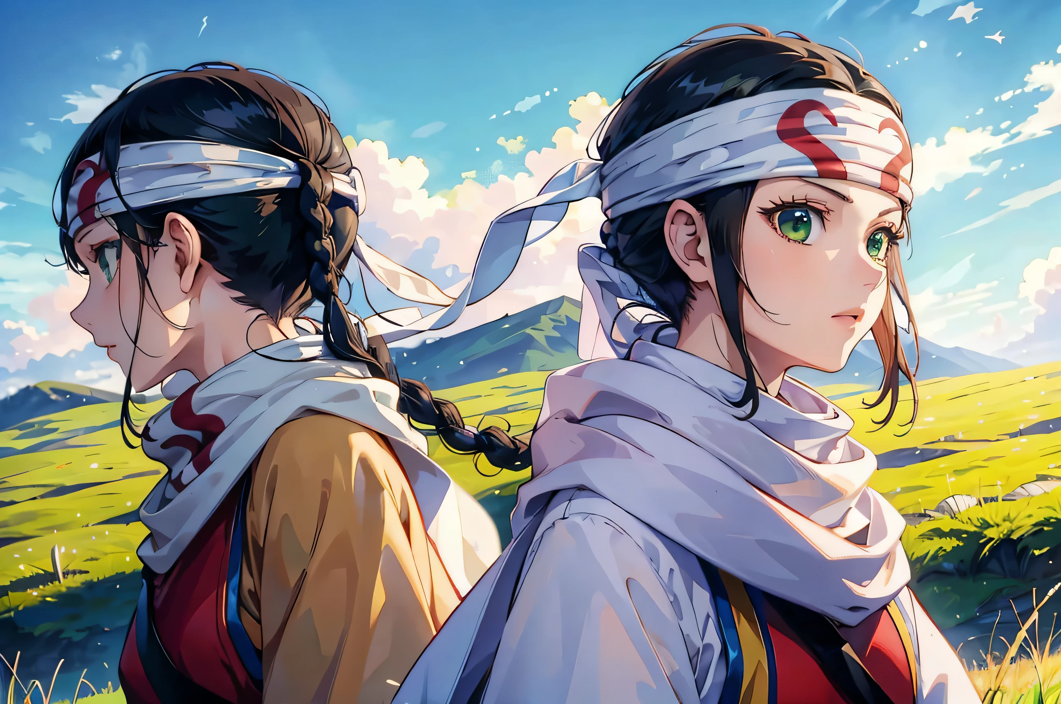 masterpiece, best quality,
1girl, kyoukai, black hair, braid, ponytail, green eyes, headband, scarf,
upper body, solo, looking at viewer, grass, blue sky, meadow background
