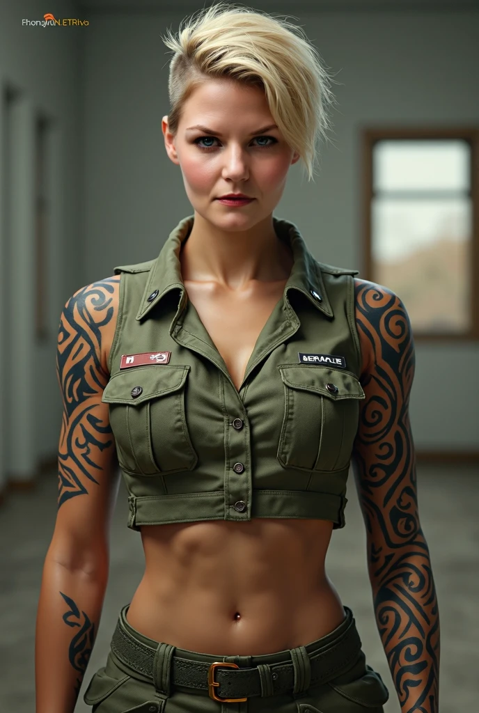 A female military soldier in Call of Duty style, War scenario, ((her vagina marks her pants.)), ((Tall, muscular woman covered in tattoos with a well-defined body.)), Long light blonde hair and amber eyes., ((body position: standing in a 60° position)), (Best Quality,4k,8k,High resolution,masterpiece:1.2),ultra detailed,(realist,photorealist,photo-realist:1.37),HdR,HD,studio lighting,Ultrafine paint,sharp focus,physically based rendering,extreme detailed description,professional,vivid colors,bokeh,Portraits,Conceptual artists,cinematic lighting,dramatic colors