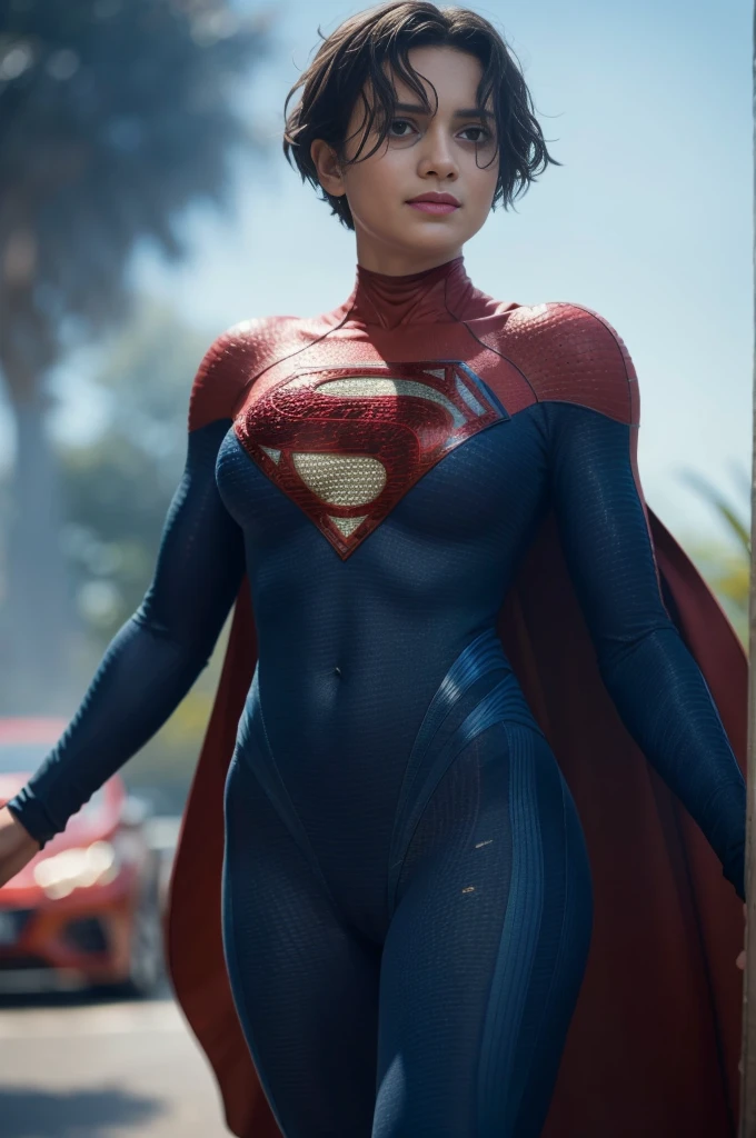 solo, 1girl, 5uper, supergirl, black hair, pixie haircut, blue eyes,muscular strong body,big bulging biceps, blue bodysuit,posing,flexing, long sleeves,high detail,realistic