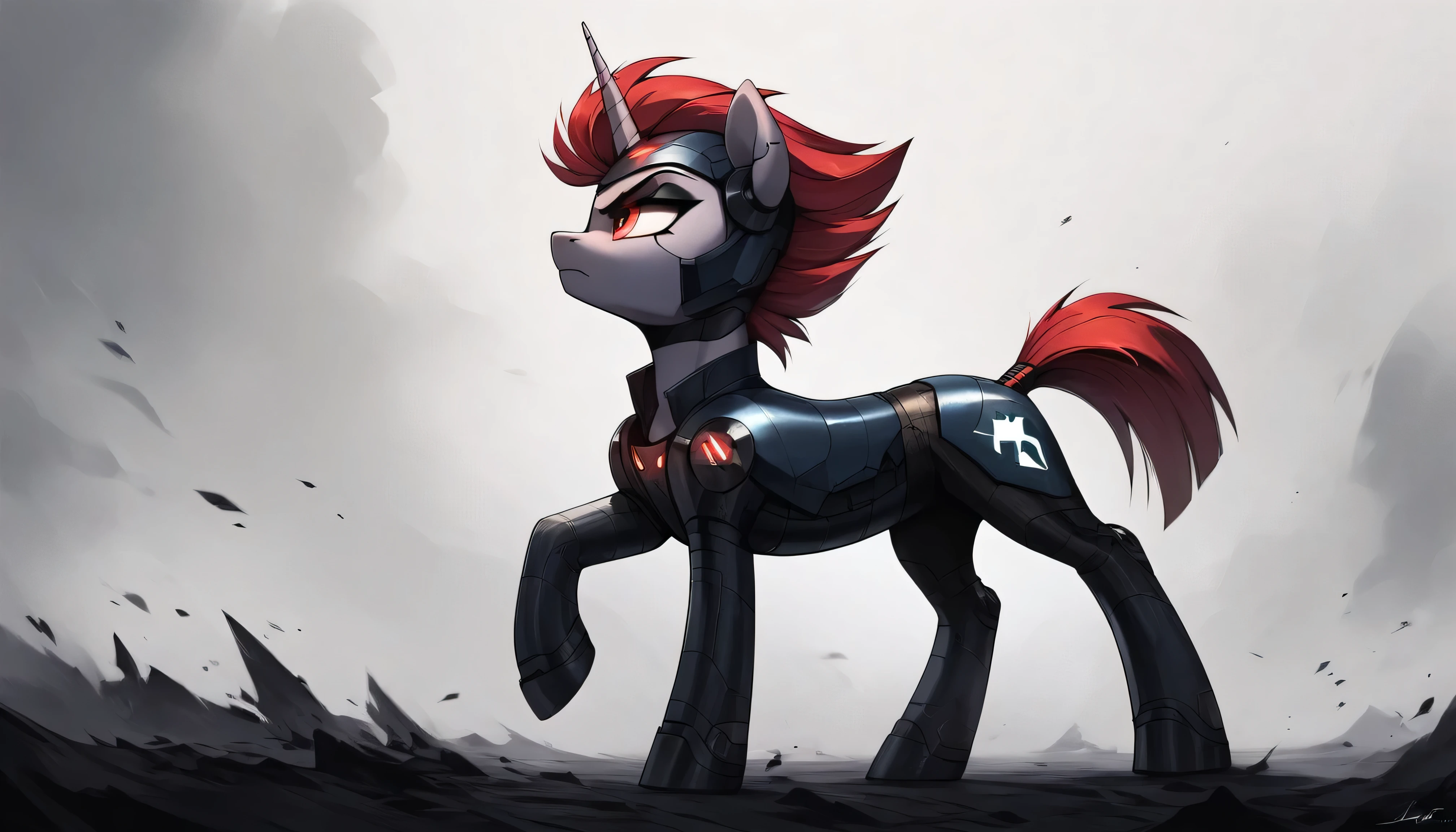 Score_9, Score_8_up, Score_7_up, Score_6_up, derpibooru_p_95, a cyborg unicorn from my little pony, cyberpunk style, cyber helmet style, a tough and thoughtful style, the robotic revolution, close plan for the robotic pony, full body Tempest Robot [Tempest : reelmech :0.5], AC- Pony, detailed disgust face. The environment is an acopalithic landscape.
