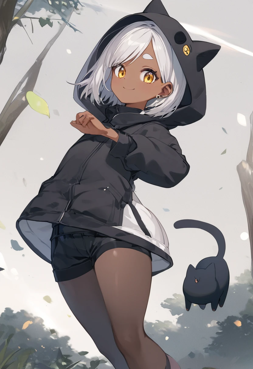 1girl,Alone,Adult women,High resolution, Brown skin,Silver Hair,Boyish Woman,Mr.々A pose,Short Bob,Long Bangs,Swept-up bangs,smile,Golden Eyes,Ear piercing,Hooded parka,Black shorts,Black tights,Black cat ear hat,Yellow and white sneakers,Thick and short eyebrows,Tree Eyes