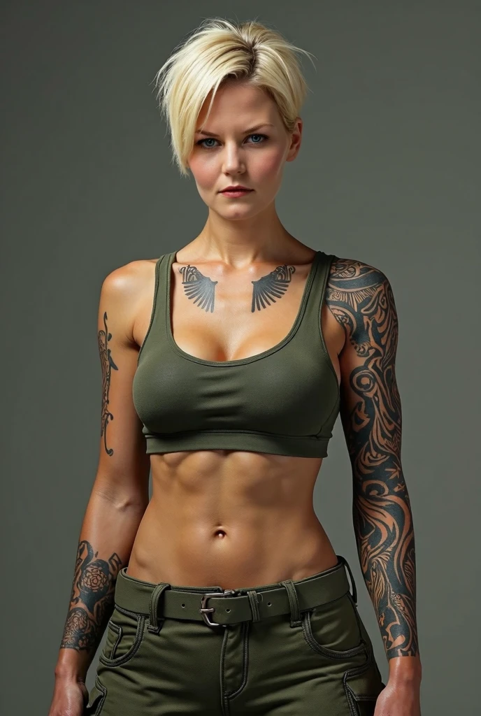 Russian, blond short hair, beautiful military girl, with a big breast, toned abs and arms ready to fight in a hand to hand combat