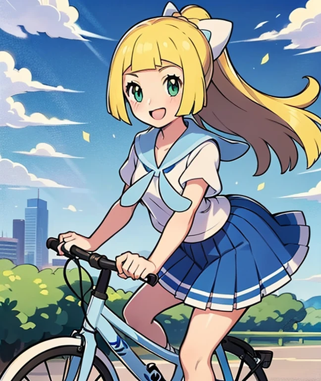 1girl in,A pokémon_The card,(top-quality), (high_quality), (Convoluted_Details), (ultra-detailliert), (illustratio), (Distinct_image),saito_naoki,,lillie \(pokemon\),city scenery、Rainbow View,smile, happy, blus,chool uniform, sailor suit, traditional Japanese style with navy blue and white colors, detailed ribbon and pleated skirt,(riding a bicycle), (holding the handlebars of a bicycle),
school girl,
(white sailor uniform), short sleeve,
(dark blue skirt),
floating skirt,
(cute anties),
outdoor,