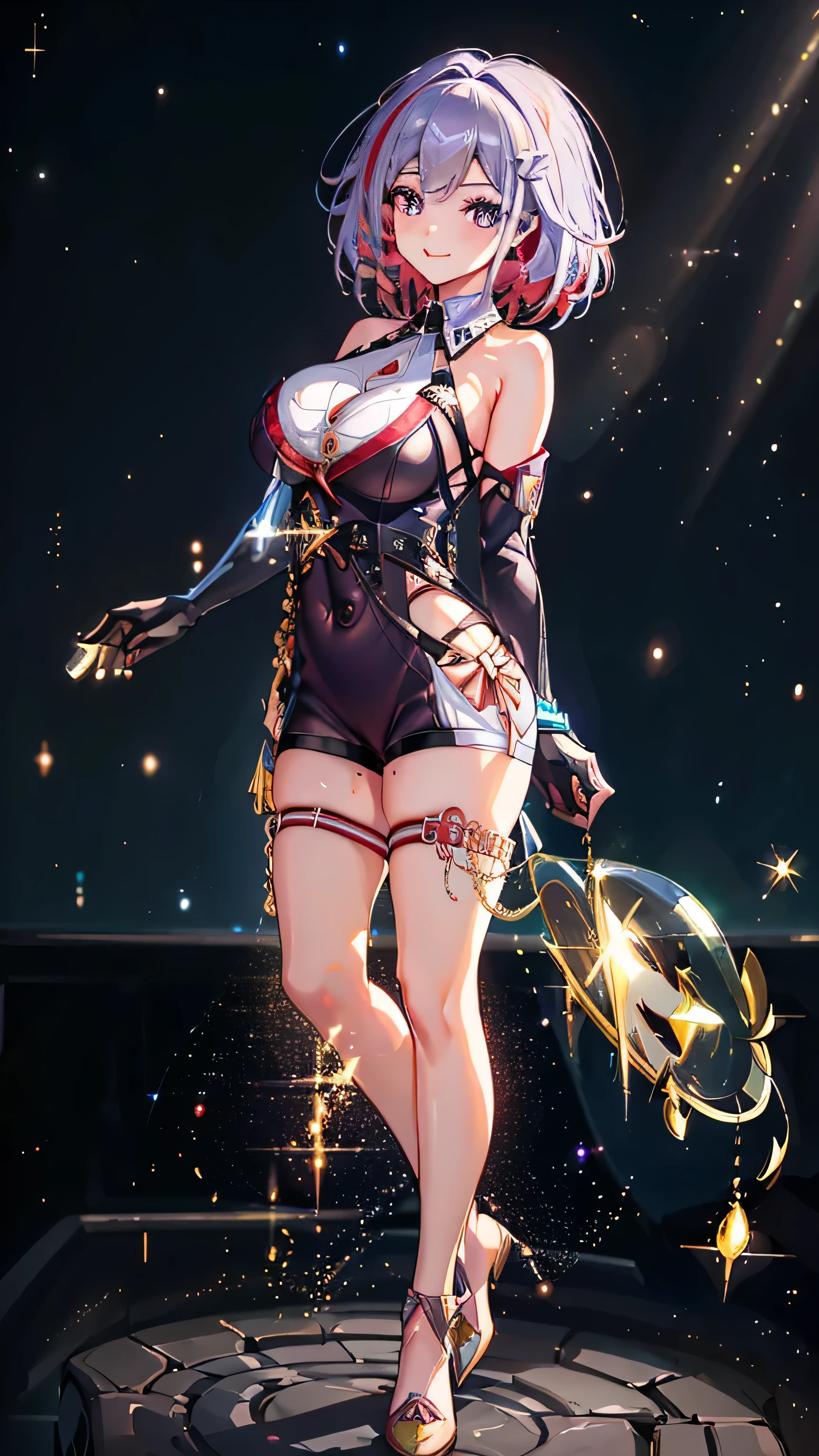 highest quality, 8k, Ultra-high resolution, (Best Quality: 1.5), (Best Illustration), (Dynamic Angle: 1.2), (Shine: 1.4), very cute, 1girl, (Big Breasts:1.4), purple eyes, solo multicolored hair, red hair, black gloves, short hair, gray hair, hair ornament, bare shoulders, streaked hair, red thigh strap, Beautiful body, Finger ratios are adjusted, Ultra-high resolution, Body proportions are adjusted, accurate, anatomically correct, High Contrast, (Shiny skin:1.2), (Full Body Shot: 1.4), Beautiful Face, (cute Face: 1.4), (floating Hair: 0.9), (Noise Reduction:1.1), topaz_(Honkai:_Star_Rail), smile, Gorgeous starry sky background, Fantasy, COMICS, ELFO, Princess, goddess, Accurate and detailed faces