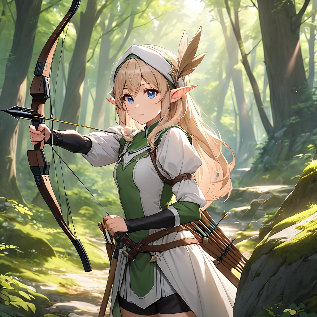 (masterpiece:1.2),(anime),(Medieval Background),(Elf Sisters)、((Preparing the bow)),((Shooting a bow))、Rogue Outfit、(Shooter)、In the woods、((Fantasy)),Fantasy、cute、Light effects,Bow in left hand,Arrow in right hand,Drawing a bow,He has a quiver on his waist,The right hand is placed near the cheek.