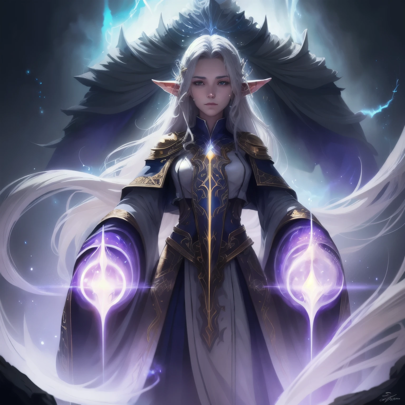 Digital fantasy artwork featuring a mystical character. The subject is an elderly figure with long, flowing white hair and pointed ears, suggesting an elven or magical being. The skin is a deep blue, adding to the ethereal quality. The character is adorned in intricately designed robes with gold and purple patterns, exuding a regal and ancient aura. They hold a glowing blue flame in their hand, which emits a soft, mystical light that illuminates their face and surroundings. The background is dark, enhancing the contrast and focus on the character. The overall composition is dramatic and atmospheric, with a focus on the interplay of light and shadow.