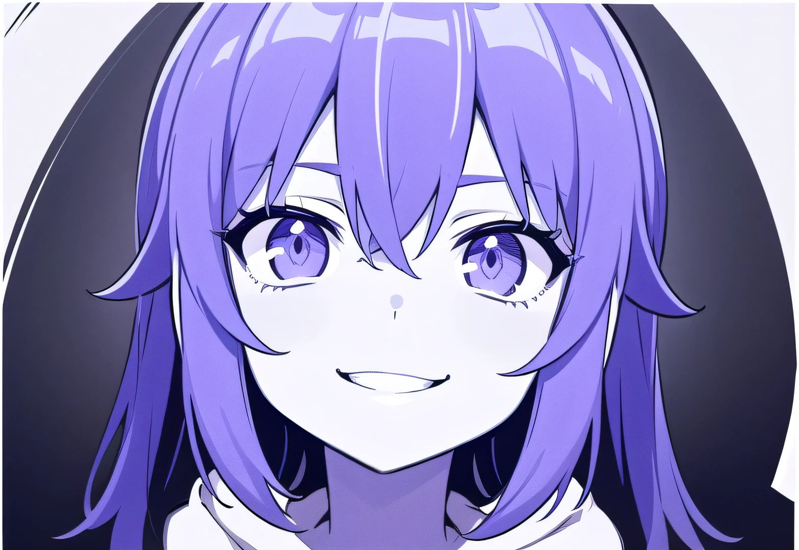 ((((ultra illustrated style:1.0)))),best quality, best animated, masterpiece, monochrome, 1girl, solo, long hair, evil smile, hoodie, white background, looking at viewer, front view, from front, simple background, violet theme, portrait,