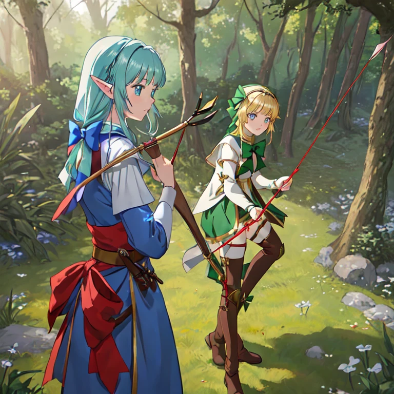 (masterpiece:1.2),(anime),(Medieval Background),(Elf Sisters)、((Preparing the bow)),((Shooting a bow))、Rogue Outfit、(Shooter)、In the woods、((Fantasy)),Fantasy、cute、Light effects,Bow in left hand,Arrow in right hand,Drawing a bow,He has a quiver on his waist,The right hand is placed near the cheek.