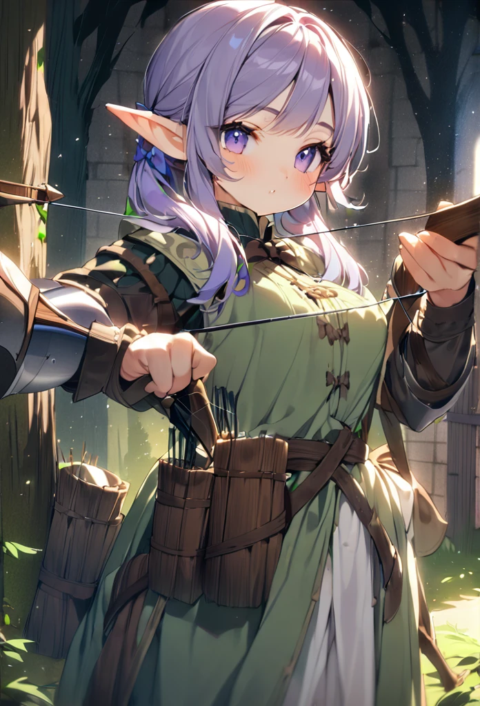 (masterpiece:1.2),(anime),(Medieval Background),(Elf Sisters)、((Preparing the bow)),((Shooting a bow))、Rogue Outfit、(Shooter)、In the woods、((Fantasy)),Fantasy、cute、Light effects,Bow in left hand,Arrow in right hand,Drawing a bow,He has a quiver on his waist,The right hand is placed near the cheek.