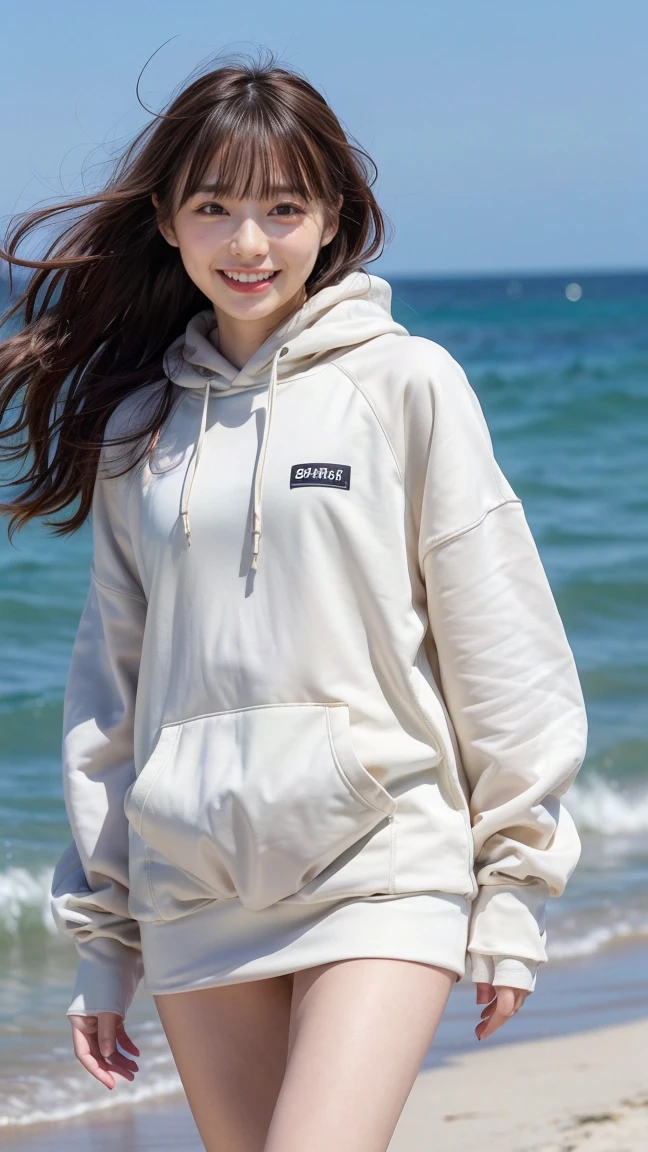 (best quality, absolutely resolution, ultra detailed, masterpiece), (photo realistic), 8K, BREAK (detailed face), delicate realistic skin texture, grin, 1girl, young woman, 20yo, delicate eyes, beautiful doe eyes, shiny lips, ((from below)), (overly long sleeves , white oversized_hoodie), ((bare thighs)), ((white sneaker)), outdoor, , beautiful hipline, (Sandy Beach, Seaside), (Standing posture), (Gradient brown hair), ((((hair blowing in the wind))))