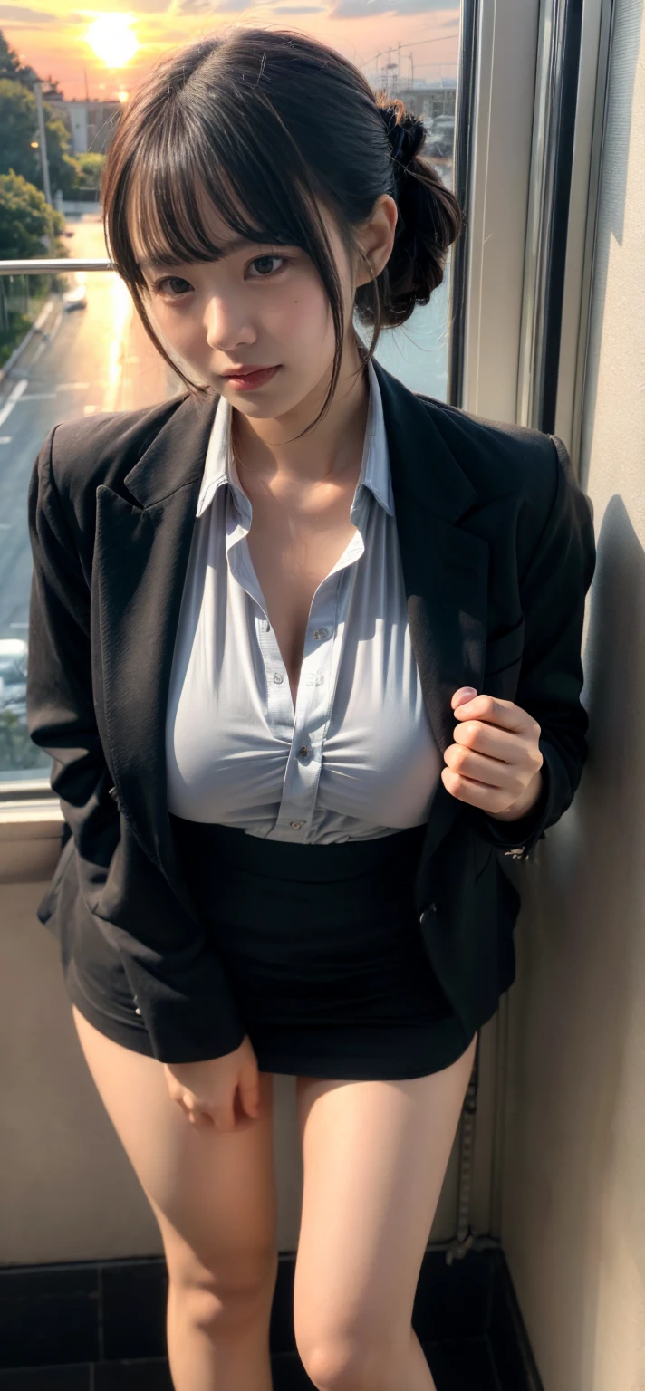 (smile)、((nipple見え))、(translucent shirt:1.2)、(In 8K、highest quality、masterpiece:1.2)、(genuine、photogenuineistic:1.37)、Super detailed、1 girl、cute、、Big eyes、beautiful detailed eyes、office、、(blush your nose)、 (perfect beautiful beautiful face:1.15)、(closed mouth)、細やかなbeautiful eyes、(skeleton shirt:1.1)、daytime、、short cut hair、、white lace、(short hair:1.5)、floating hair、body、20 year old woman、brown hair、、brown eyes、small head、((M cup fashion girl、beautiful eyes、genuine face、genuine skin、genuine-looking face、genuineな肌、fine eyes、、(No underwear:1.3)、、viewer、Look carefully at the face and chest、,　see-through shirt。the tip of the chest sticks out。Areola is protruding。(The shape of the genitals is clearly visible), lots of eyelashes。black eyeshadow。bright red lips。black sexy high heels。pubic hair。The lower abdomen is bristly。thin。thighs are open。pubic hairが非常に多い。nippleは非常に突き出ています,　 そして繊細なbody型、dark blue suit、camel&#39;With toes、protruding pussy＿nipple