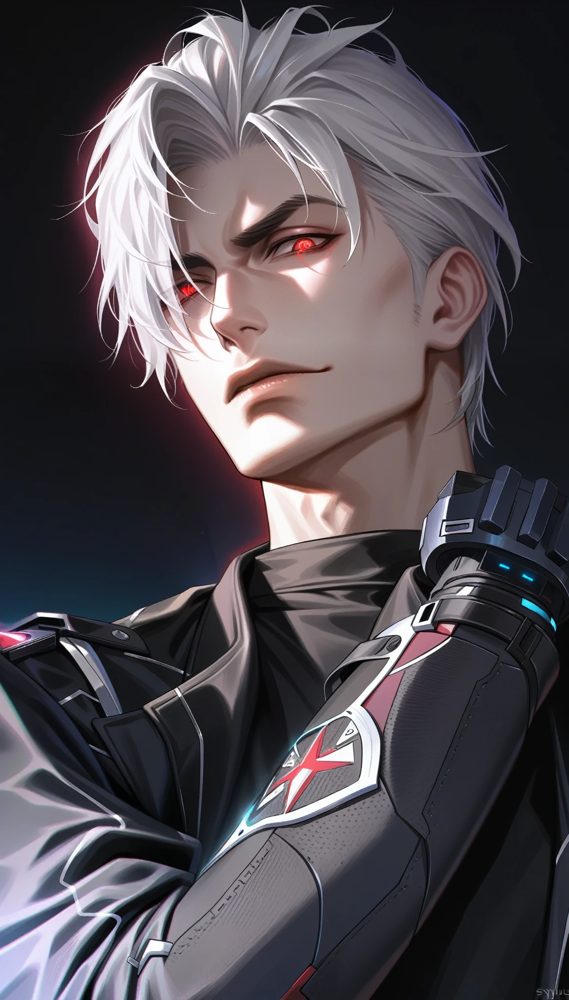 1boy, tall and muscular, wearing a sleek black jacket over a dark shirt, mysterious expression, ((short messy white hair)), ((red eyes)), sharp jawline, intense eyes with a dark brooding look, standing in a futuristic spaceport, dim neon lights in the background, space-themed surroundings with metallic walls and starry skies, outlaw vibe, slight smirk, holding a high-tech gadget in one hand, tense and ready for action, glowing energy faintly surrounding him, ((Sylus from Love and Deepspace)), ((handsome))