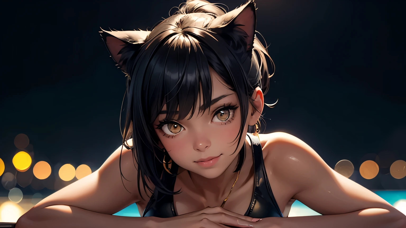 1_girl, Alone, (high resolution, Upper body, soft leather:1.2),(best illustration,masterpiece:1.2),ultra detailed,[(Cat ears , black inside:1.2, black ponytail hair, golden eyes, cat eyes, dark skin),bright colors,sharp focus,studio lighting,bokeh, She is wearing a WHITE one-piece swimsuit with a deep neckline, Pier at night background, smiling