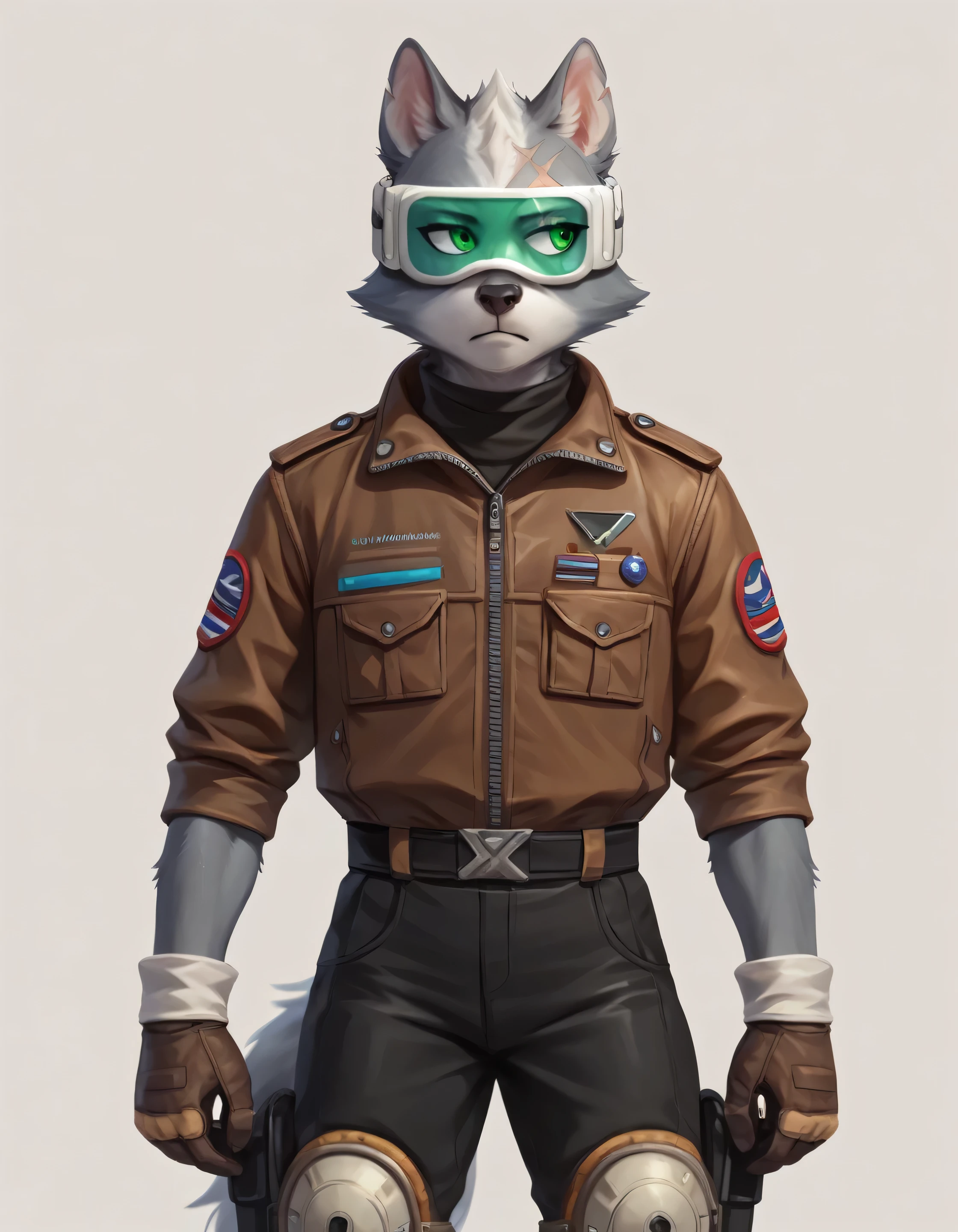 Atreus is a anthropomorphic fox..80 m, with an athletic build and grey fur with silver undertones. She has emerald green eyes, visible only through the visor that covers their eyes, that never goes away, and a scar that runs across his left eye and makes an X shape. His attire includes a grey and black flight suit., Designed for flexibility and protection, with metal shoulder and knee pads that reinforce its robust appearance. He wears a worn brown leather jacket that symbolizes his independence., In addition to metal boots that provide stability and protection in combat..