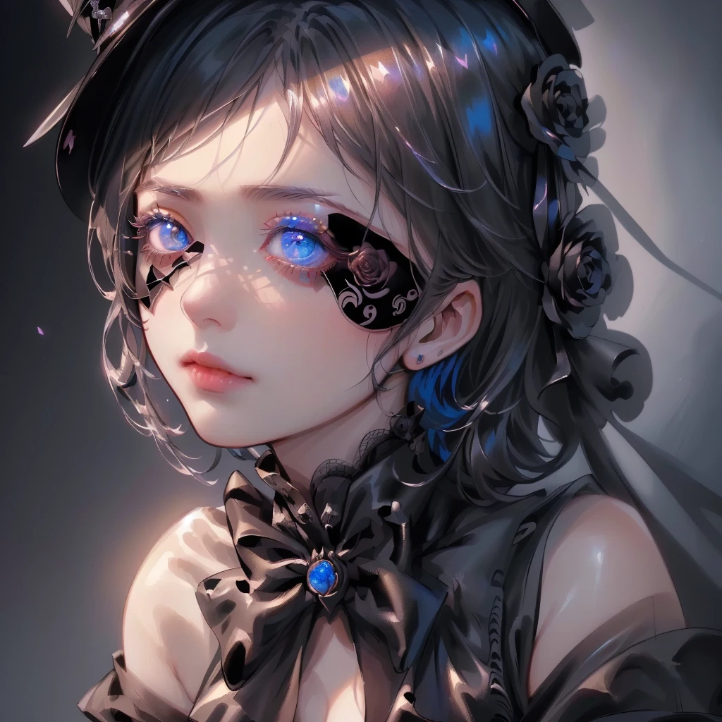 1girl,Handsome face、Face close-up、(((The finest details、Best Quality、Masterpiece、Super detailed、High definition、The best composition、Perfect Anatomy)))、Gothic Style、Gothic style、Long eyelashes、（Beautiful Eyes、Super detailedな目）、Black lace eyepatch with rose pattern、Top Hat、Blue Rose