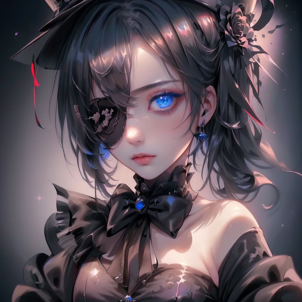 1girl,Handsome face、Face close-up、(((The finest details、Best Quality、Masterpiece、Super detailed、High definition、The best composition、Perfect Anatomy)))、Gothic Style、Gothic style、Long eyelashes、（Beautiful Eyes、Super detailedな目）、Black lace eyepatch with rose pattern、Top Hat、Blue Rose